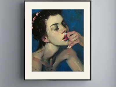 Portrait Painting of a Woman with Closed Eyes Hand Near Lips Adorned Hair Blue Background 3d model