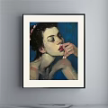 Portrait Painting of a Woman with Closed Eyes Hand Near Lips Adorned Hair Blue Background