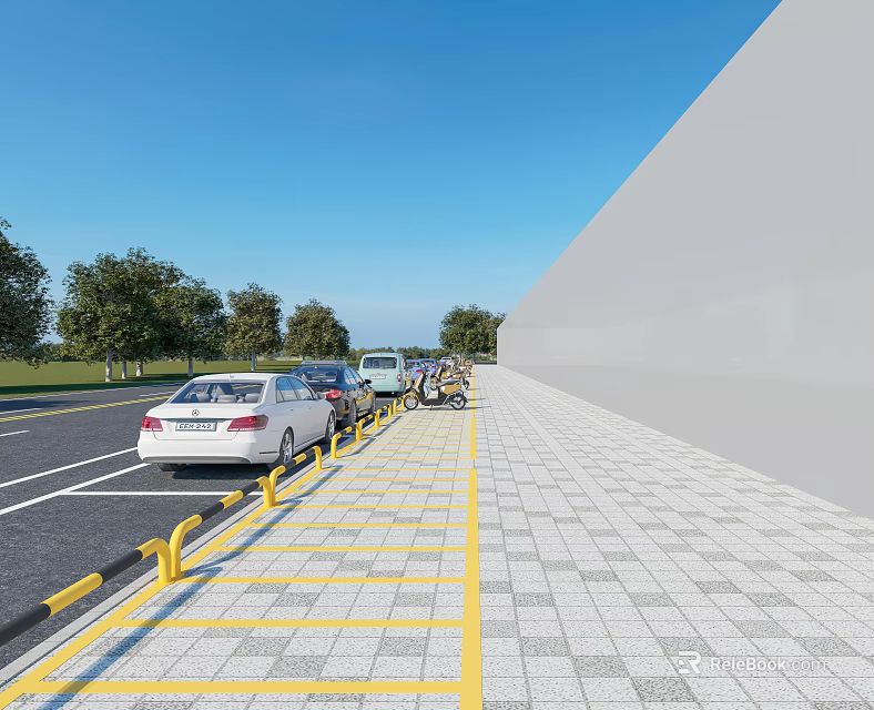 Modern Road Facilities With Parking Spaces Yellow Lines Guardrails Parked Cars And Paved Sidewalk 3d model 