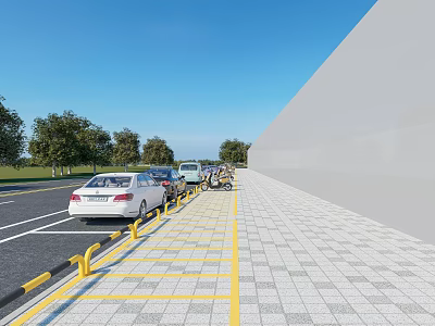 Modern Road Facilities With Parking Spaces Yellow Lines Guardrails Parked Cars And Paved Sidewalk 3d model
