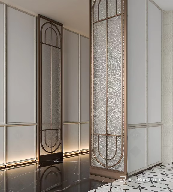 Modern Interior Decorative Screen With Metal Frame And Textured Glass Design 3d model 