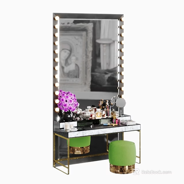 Elegant Dressing Table With Lighted Mirror Purple Flowers Cosmetics And Green Stool 3d model 