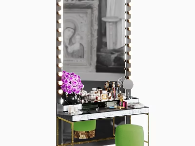 Elegant Dressing Table With Lighted Mirror Purple Flowers Cosmetics And Green Stool 3d model