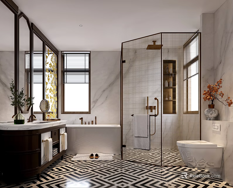 Elegant Bathroom Design With Marble Walls Glass Shower Bathtub Double Sink Vanity Geometric Floor Tiles 3d model 
