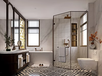 Elegant Bathroom Design With Marble Walls Glass Shower Bathtub Double Sink Vanity Geometric Floor Tiles 3d model