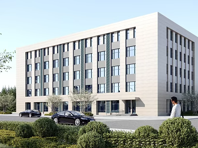 Modern Multi story Office Building With Light Colored Exterior Regular Windows Green Shrubs Parking Area 3d model