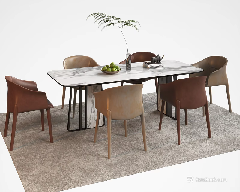 Modern Dining Table Set Rectangular Marble Top Brown Beige Chairs Green Plant and Fruit Platter 3d model
