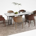 Modern Dining Table Set Rectangular Marble Top Brown Beige Chairs Green Plant and Fruit Platter 3d model