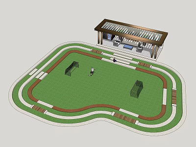 Soccer Field With Green Grass Red Running Track And Covered Wooden Stands 3d model