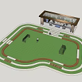 Soccer Field With Green Grass Red Running Track And Covered Wooden Stands