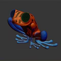 Vibrant Frog Character Design Red Black Body Blue Limbs Large Eyes With Reflection Dark Background