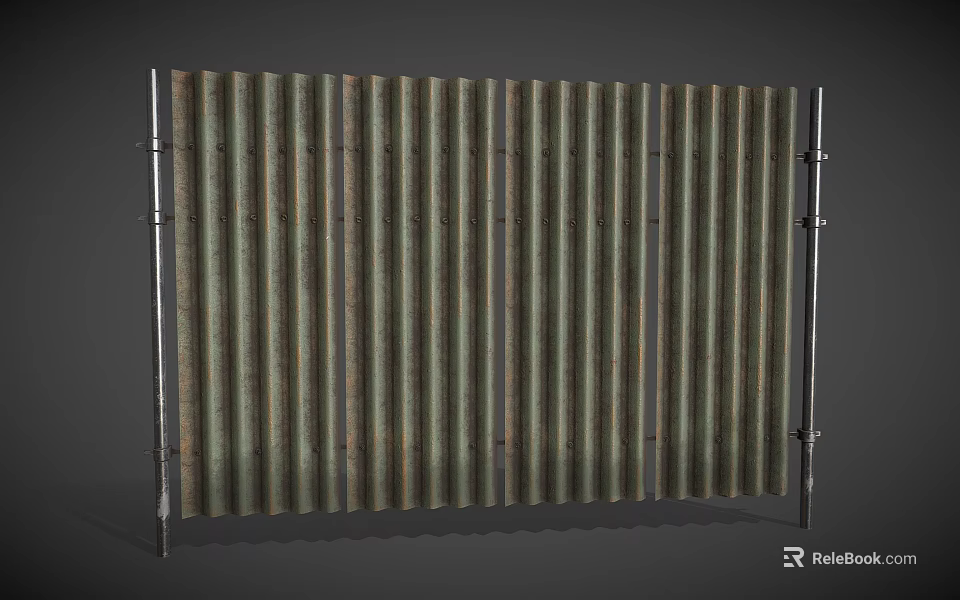 Corrugated Metal Fence with Rustic Green Brown Tones and Metal Support Brackets 3d model 
