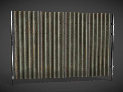 Corrugated Metal Fence with Rustic Green Brown Tones and Metal Support Brackets 3d model