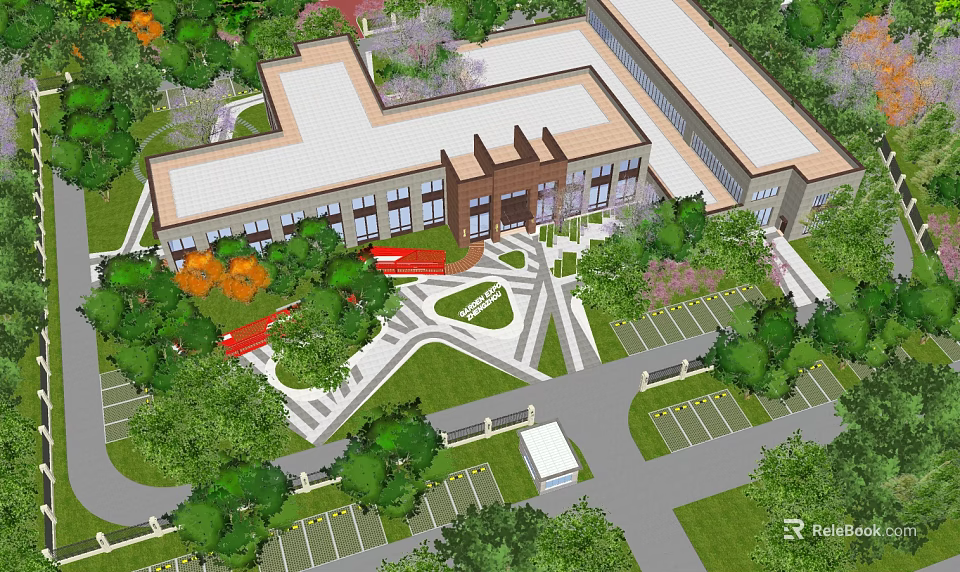 Modern Office Landscape With Building Surrounded By Trees Parking And Pathway 3d model