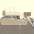 Modern Coffee Shop Bar Counter With GUAI GUAI Sign Coffee Machines Stools And Cup Shelves