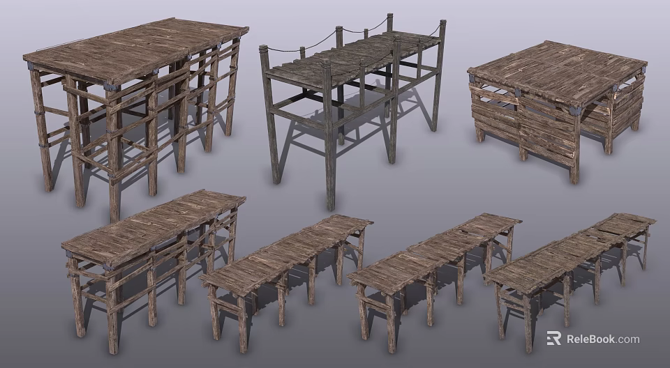 Traditional Rustic Wooden Architectural Structures With Platform Frames And Stands 3d model 