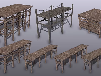 Traditional Rustic Wooden Architectural Structures With Platform Frames And Stands 3d model