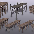 Traditional Rustic Wooden Architectural Structures With Platform Frames And Stands