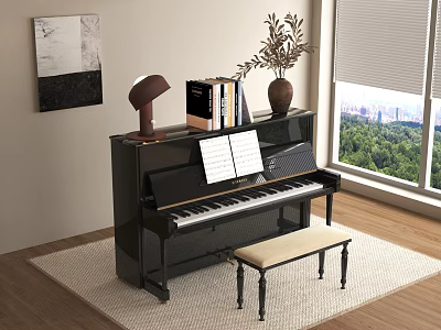 Bright Room Interior With Black Piano Sheet Music And Wall Painting Plus Wooden Bench 3d model