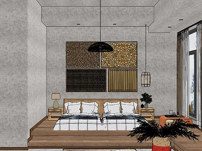 Modern Hotel Guest Room Interior With Double Bed Pendant Light Bedside Tables And Wall Decor 3d model