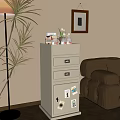 White Decorative Cabinet With Drawers And Photos Next To Sofa And Floor Lamp