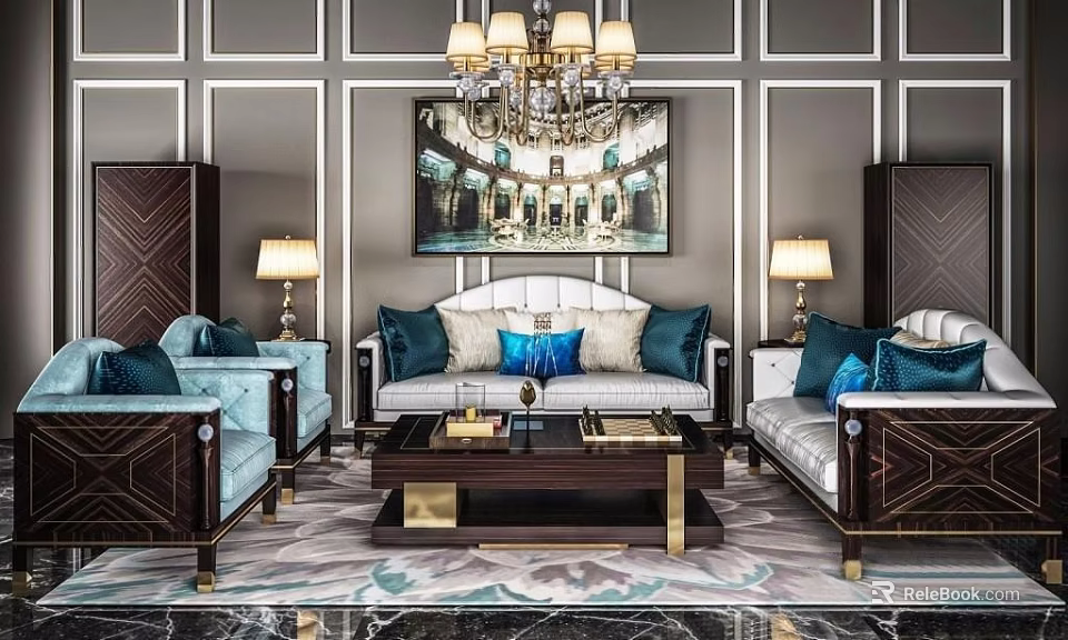 Luxurious Sofa And Coffee Table Set With Plush Pillows Metal Base And Wall Art Decor 3d model 