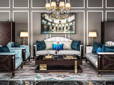 Luxurious Sofa And Coffee Table Set With Plush Pillows Metal Base And Wall Art Decor 3d model