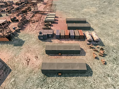 Cartoon Military Camp Scene With Green Tents Vehicles And Equipment On Sandy Ground 3d model