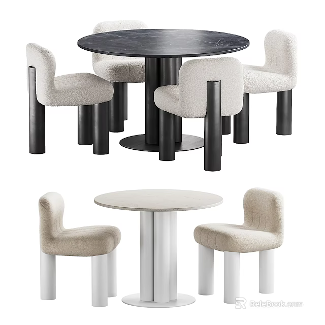 Modern Round Dining Table Set With Beige Chairs And Black White Legs 3d model