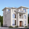 Classic White Detached Villa Exterior With Large Windows Balcony People At Entrance And Trees Around