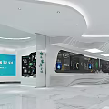 Modern Exhibition Hall Interior With White Curved Pillar Marble Floor And Display Wall