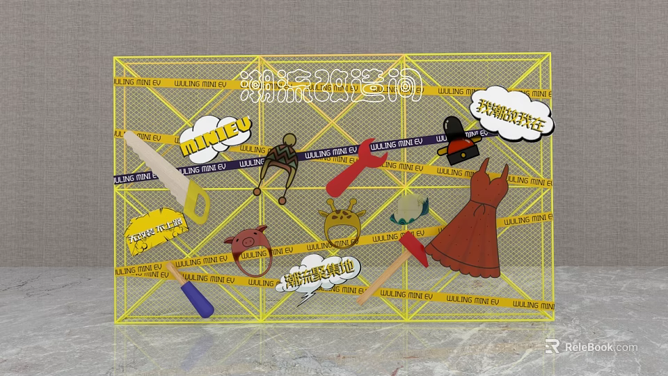 Other Items On Yellow Grid Background With Tools Clothes And Warning Signs 3d model 