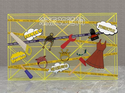 Other Items On Yellow Grid Background With Tools Clothes And Warning Signs 3d model