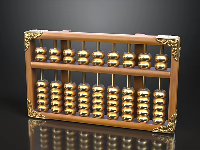 Classic Wooden Abacus With Golden Beads And Carved Frame On Black Reflective Surface 3d model