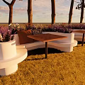 Outdoor Landscape Seats With River View Trees Greenery And Wooden Tables