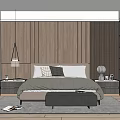 Minimalist Modern Bedroom Interior With Wooden Wall Hanging Lamp Bedside Tables And Rug