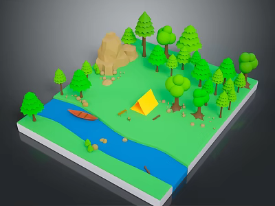 Natural Landscape With Green Trees Blue River Small Boat Yellow Tent And Rocky Hill 3d model