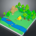 Natural Landscape With Green Trees Blue River Small Boat Yellow Tent And Rocky Hill