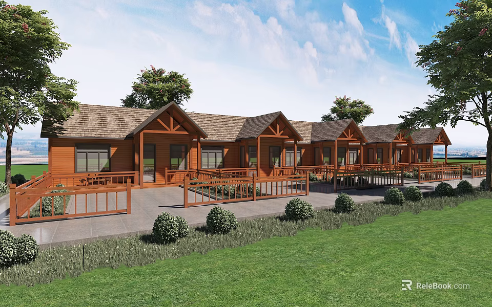 Row of Wooden Houses with Brown Roofs and Porch Railings in Green Lawn 3d model 
