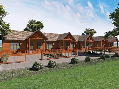 Row of Wooden Houses with Brown Roofs and Porch Railings in Green Lawn 3d model