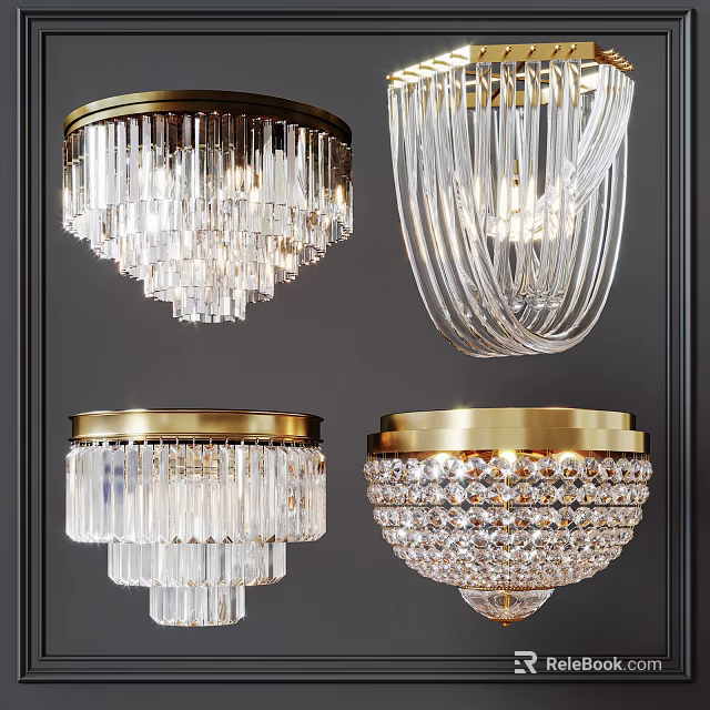 Elegant Modern Crystal Chandeliers with Gold Frames and Diverse Designs 3d model 