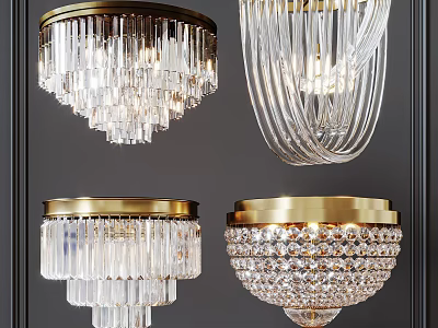 Elegant Modern Crystal Chandeliers with Gold Frames and Diverse Designs 3d model