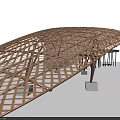 Curved Metal Frame Pergola Design With Wooden Bench And Round Outdoor Table