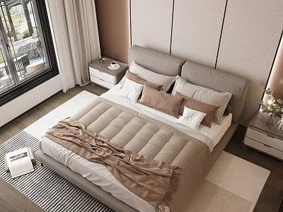 Modern Bedroom Interior With Bed Pillows Brown Blanket Bedside Tables Lamp Balcony View And Rug 3d model