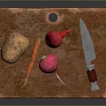 Fresh Raw Vegetables on Wooden Cutting Board with Potato Carrot Beetroot and Knife