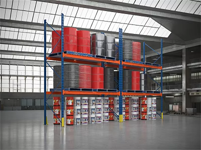Industrial Storage Shelving with Red and Silver Drums and Boxed Goods in Warehouse Facility 3d model