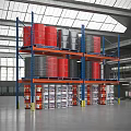 Industrial Storage Shelving with Red and Silver Drums and Boxed Goods in Warehouse Facility