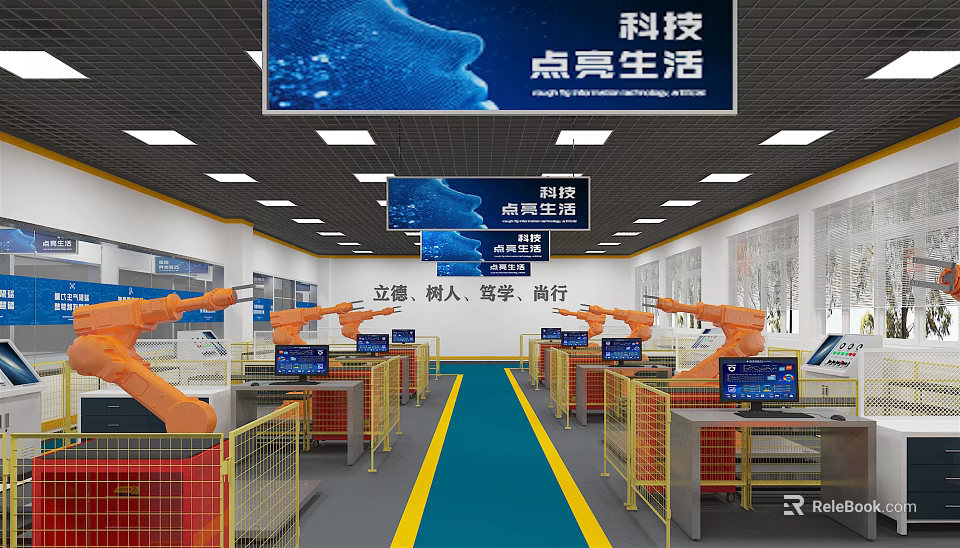 School Educational Technology Lab Featuring Multiple Robotic Arms And Innovative Learning Space 3d model