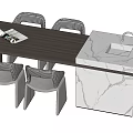 Modern Wooden Dining Table Set With Checkered Back Chairs And White Marble Island Sink