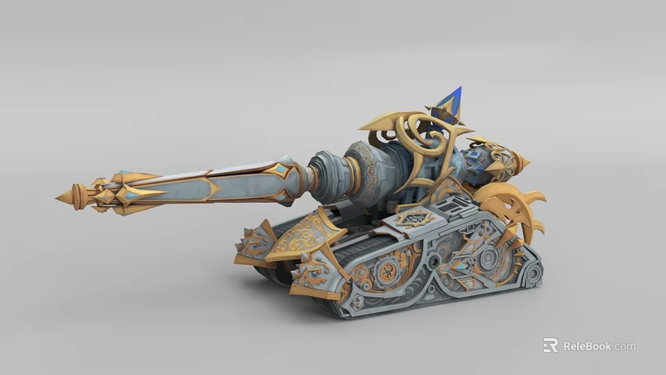 Detailed Military Tank Weapon With Golden Decorations Blue Accents And Intricate Gears 3d model 